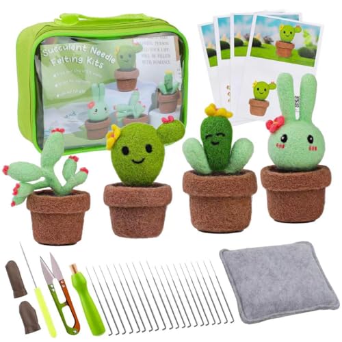 Image of Beginner's Wool Needle Felting Kit - 4 Piece Cactus Wool Set with Wool Roving, Felting Needles, Foam Mat, and Video Instructions,Ideal for DIY & Gifting