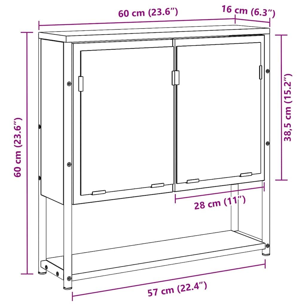 Szafka z lustrem z regałem, stare drewno, materiał drewnopochodny, 60 x 16 x 60 cm, montaż ścienny, mebel łazienkowy, miejsce do przechowywania ze szklanymi drzwiami i płaskim lustrem, do