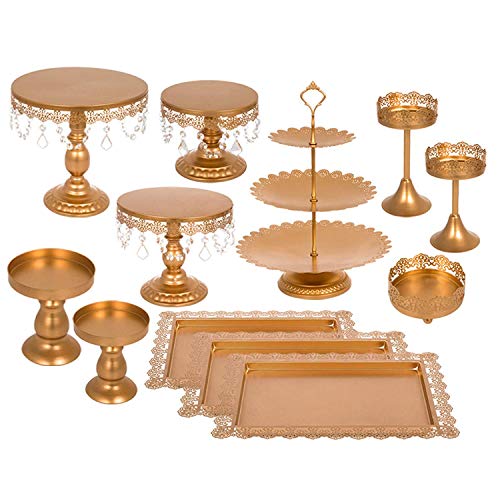 Hopopula 12pcs Kuchen Steht Set Metall Antike Cupcake Stehen Pastry Trays Dessert Display Platte Geburtstag Party Hochzeitstorte Ständer Halter mit Kristall Anhänger und Perlen (12pcs, Gold) Cover