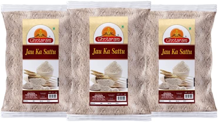 Ghotaram Hand Roasted & Stone Ground Barley, Jau, Jaun, Barli Sattu, Barley, Jau, Jaun, Barli Sattu Atta, Jow, Jav, Jao ka ghol Sattu Powder, Litti Sattu, Leeti Sattu, Jau ka Sattu-720g(pac 3x 240g)
