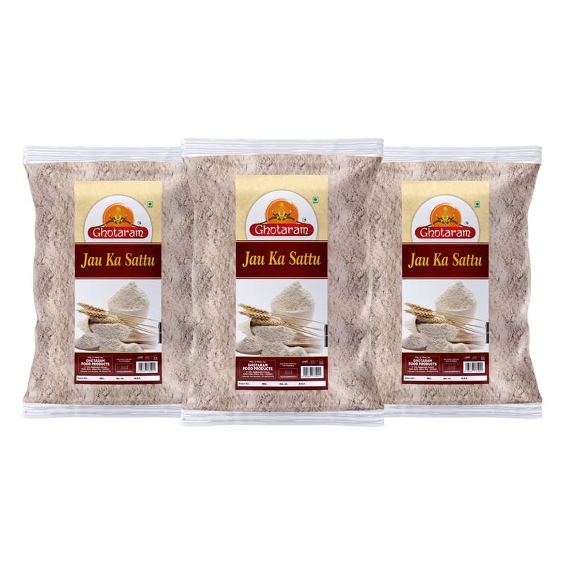 Ghotaram Hand Roasted & Stone Ground Barley, Jau, Jaun, Barli Sattu, Barley, Jau, Jaun, Barli Sattu Atta, Jow, Jav, Jao ka ghol Sattu Powder, Litti Sattu, Leeti Sattu, Jau ka Sattu-720g(pac 3x 240g)