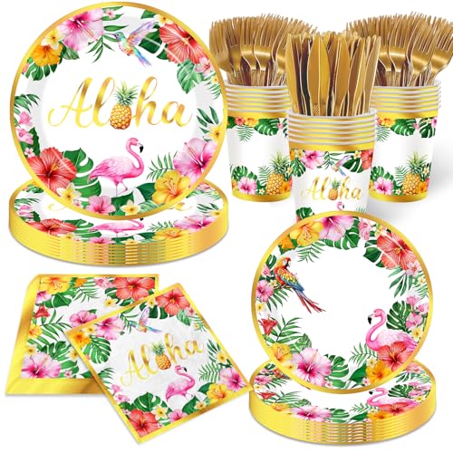 Tropical Luau Party Supplies Hawaiian Plates and Napkins Sets, Aloha Tableware with Hibiscus Flowers Palm Leaves Flamingos Luau Party Decorations for Summer Beach Pool Birthday Baby Shower, Serve 24