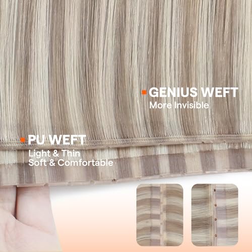Image of Full Shine Butterfly Weft Hair Extensions Human Hair 20 Inch 100G | Color 18 Ash Blonde Highlight 613 Bleach Blonde, Invisible PU Hole Weft, Genius Weft With Hole, Date Night