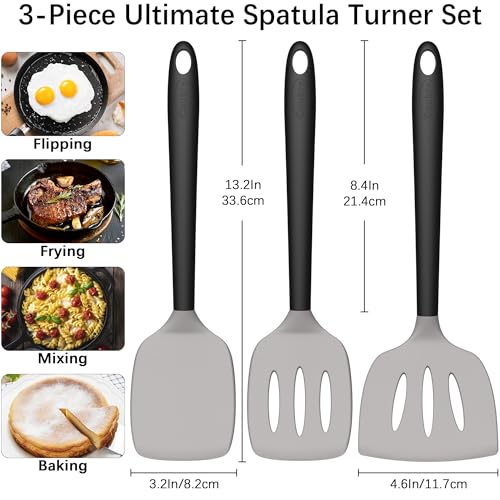 Image of Coukre 3 Pack Silicone Spatula Set, Heat Resistant to 500F, BPA-Free | Fish Spatula, Solid & Slotted Turners, Dishwasher Safe, Spatula Set for Eggs, Pancakes, Fish & Burgers, GrayBlack