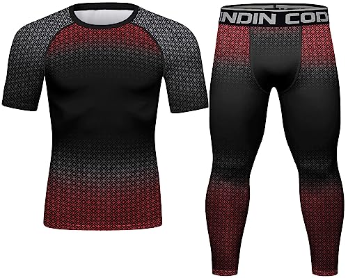 Red Plume Men’s Workout Compression Short Sleeve Shirts & Base Layer Pants Set Fitness Running Suits Sports Top & Bottom Sets