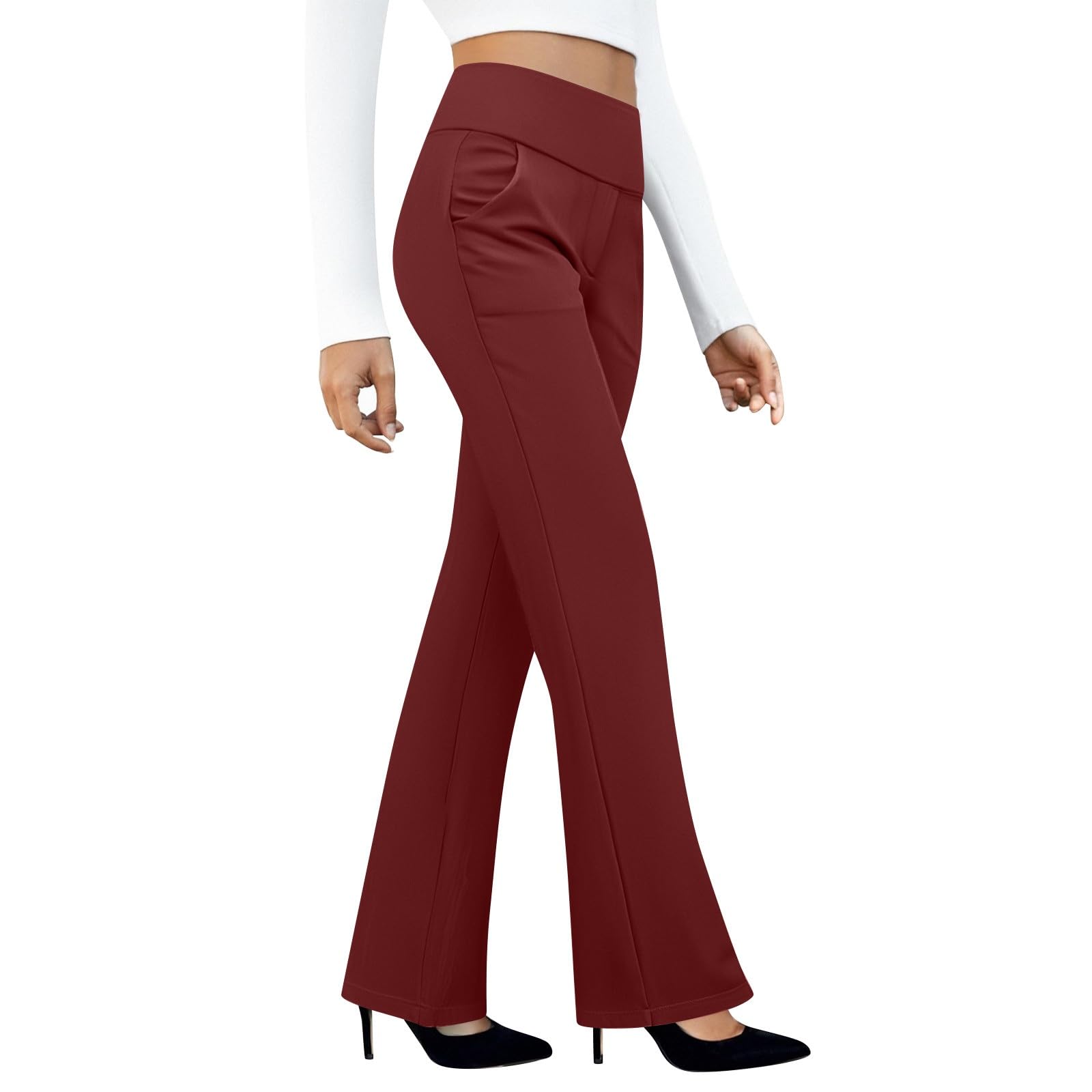 Business Pants Women Wide Leg Flare Pants High Waist Stretch Bottoms Work Trousers with Pockets
