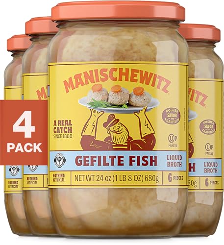Manischewitz Gefilte Fish in Liquid Broth, 24 oz (4 Pack) | Protein Rich | Kosher for Passover | No MSG
