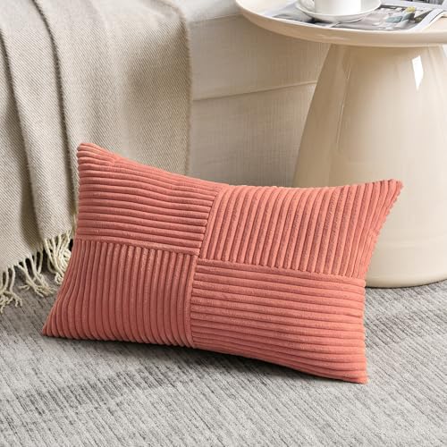 Image of Fancy Homi 2 Packs Coral Lumbar Decorative Throw Pillow Covers 20x28 Inch for Living Room Couch, Rustic Farmhouse Boho Home Decor, Soft Striped Corduroy Rectangle Accent Peach Cushion Case 50x70 cm