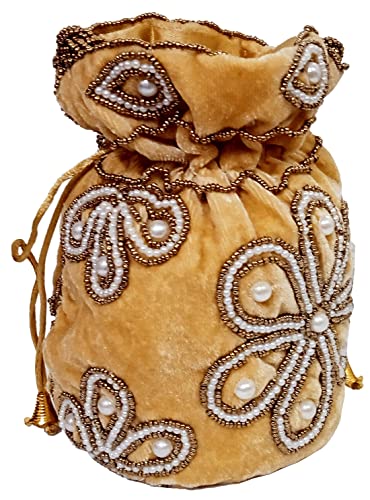 Purpledip Chenille Potli Bag (Clutch, Drawstring Purse): Intricate Bead Work Satchel Handbag, Gold (12396F)