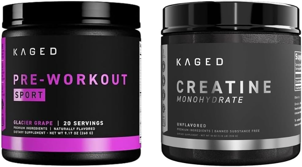 Kaged Pre Sport Pre Workout Powder Glacier Grape Creatine Monohydrate Micronized Powder Bundle, Energy & Muscle Recovery Supplement Pack, 20 Servings Pre-Workout + 100 Servings Creatin