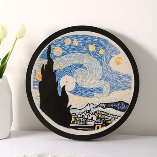 Image of Esffaci Embroidery Starter Kit for Adults Beginners with Van Gogh Starry Night Pattern Stamped Cross Stitch Set with Embroidery Cloth Hoop Needles Threader Colorful Floss and Instruction