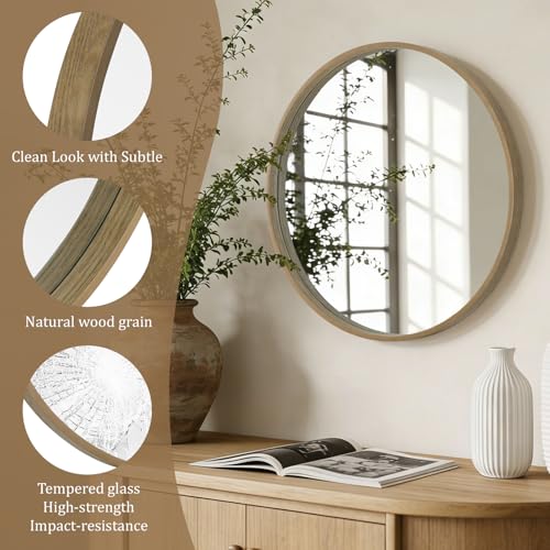 Image of WallBeyond Round Wood Mirror 24 inch Circle Wall Mirror for Bathroom Round Wall Mirror for Wall Decor, Vanity, Entryway Living Room, Honey