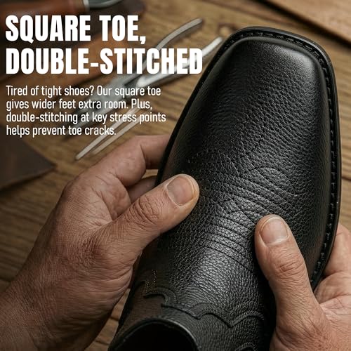 Image of Chelsea Cowboy Boots for Men Western Square Toe Leather Dress Casual Work Ankle Boots Brown