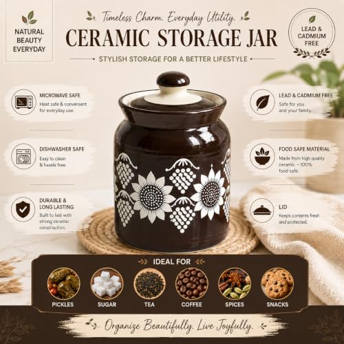 Image of D'Maiolica Ceramic Handmade Pickle Jars in 1000ml (set of 2) | Floral Bale 1 kg Achaar Martban | Ceramic Jadi for Kitchen Storage (Set of 2) | Jars for Achar, Spices, Salt (Black Sienna & Sunflowers)
