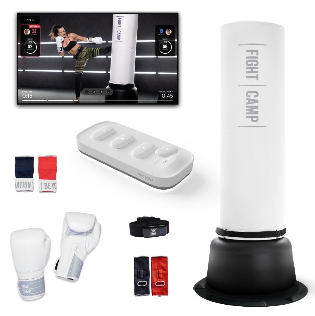 FightCampFitness Tracker & Free Standing Punching Bag for Adults, Motion Sensors, Boxing Gloves, Boxing Wraps, Ankle Support Wraps & Punching Bag Stand - 67 inches, 350 lb