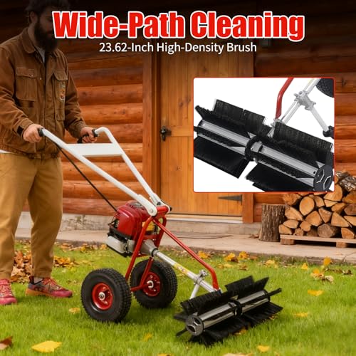 4 Stroke Gas Powered Hand Push Sweeper, Strong Power Lawn Sweeper Machine with 23in Long High-Density Brush, Artificial Grass Brush Gasoline Powered Broom for Lawn, Driveway, Snow