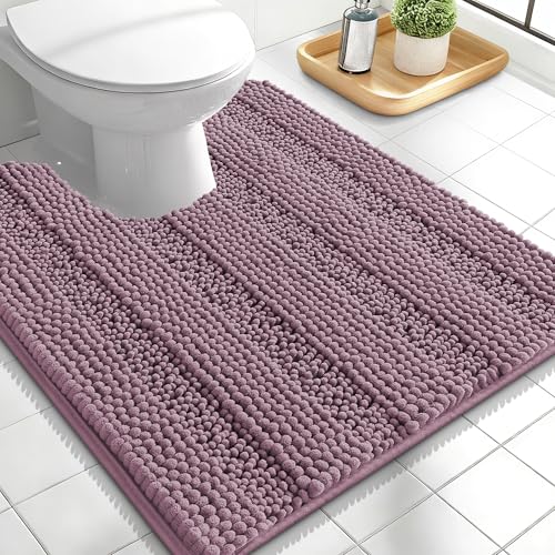 Image of OLANLY Thick Toilet Rugs U-Shaped 24x20, Extra Soft Absorbent Chenille Striped Contour Bathroom Rugs for Toilet, Dry Quickly, Machine Washable, Non-Slip Bath Mat, Deep Plum
