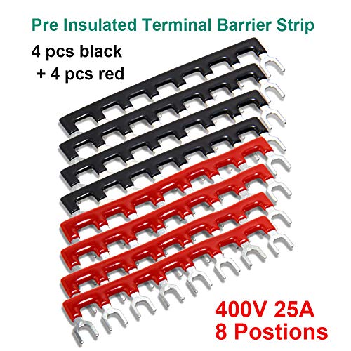Image of Terminal Block Set - 4 Sets 8 Positions 600V 25A Dual Row Screw Terminals Strip With Cover + 400V 25A Pre-Insulated Terminal Barrier Jumper Strips Black & Red