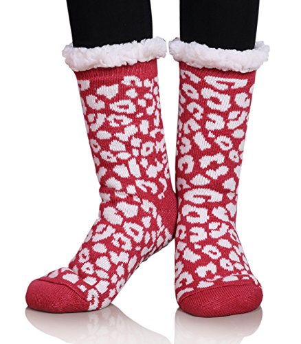 MIUBEAR Womens Thermal Slipper Socks Sherpa Lined Nonskid Fuzzy Cozy Winter Socks (Red)