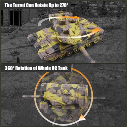 Hitish RC Panzer mit Schießfunktion für Kinder Erwachsene, 2,4G Ferngesteuerter Armee Tank Spielzeug mit Auto-Demo Sound Licht Rauch, 13-Kanal Militärfahrzeugmodell Geschenk für Jungen, Beige