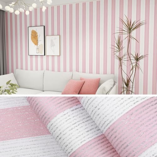 Biyoee Pink Stripe Peel and Stick Wallpaper 15.7 x 118 Pink and White Self-Adhesive Wallpaper Removable Waterproof Contact Paper for Cabinets Bedroom Nursery Accent Wall