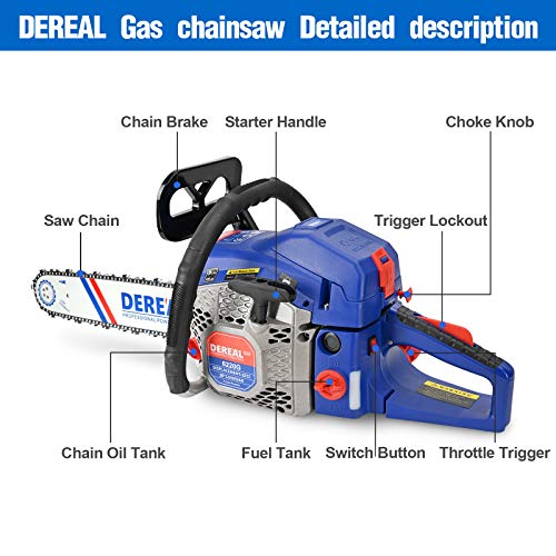 DEREAL Pro 62cc-Gas Chainsaw-20 Inch Bar Gasoline-Power Chain Saws 2-Cycle Automatic Chain Oiler Garden Tool for Trees Cutting Outdoor Home Farm Use