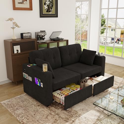 Yihomfy Canapé 2 Places Multifonctionnel, Petit canape avec Deux tiroirs de Rangement & Port de Chargement USB, Chenille Sofa avec Porte-gobelet - Poches...