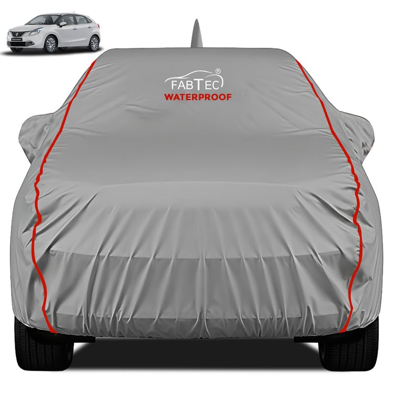 FABTEC Waterproof Premium Car Cover for Maruti Baleno Super Waterproof Car Body Cover Heavy Duty Durable PEVA Grey with Red Piping