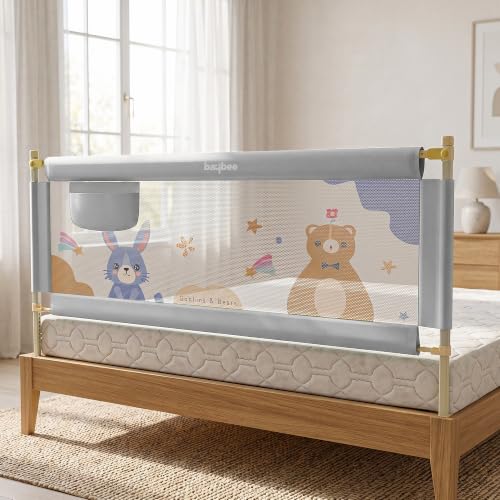 Image of BAYBEE Baby Bed Rail Guard (150x80cm) | Bed Railing for Baby Safety with 28 Height Adjustable Bedside Protector for Babies Falling | Foldable Bed Safety Guard for Kids (1 Side, (Light Grey)