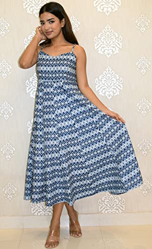 Image of JAIPUR HAND BLOCK Cotton Sleeveless Long Flared A Line Dress|Gown (S00063)