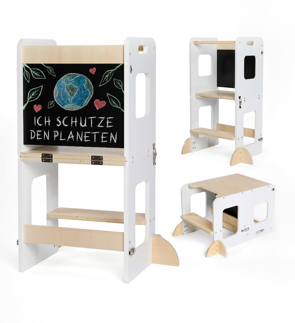 Lernturm ab 1 Jahr – Lernturm Klappbar 3 in 1 mit Tafel – Learning Tower für Kinder – Faltbar mit Sicherheitsfüßen – Aus Nachhaltigem Holz – Stabiler Montessori-Hocker für Zuhause