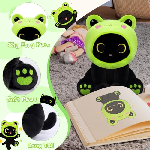 Image of Frog Plush Toy, Cute Black Cat Plush with Removable Frog Hat, 8 inch Soft Plushie Cute Stuffed Animal Pillow for Kids, Birthday Gift for Boys and Girls and Adults