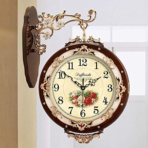 MGE UPS Systems Clock Wall Clock,European Style Vintage Double-Sided Wall Clock Solid Wood [Creative] Large Living Room Clock Mute Wall Clock On Both Sides Simple Clock Table (Color : E)