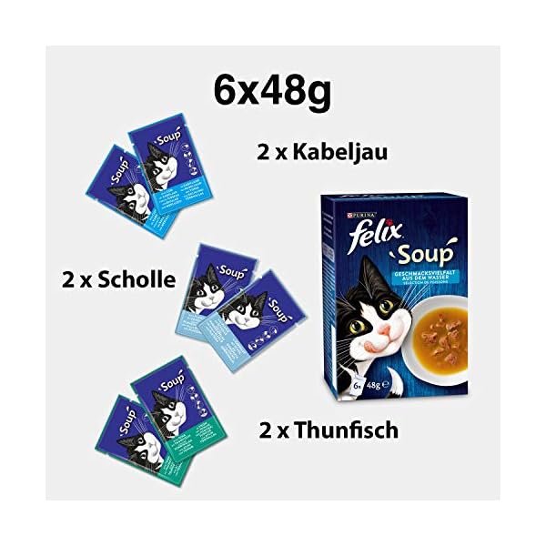 Felix Katzennassfutter Soup Geschmacksvielfalt aus dem Wasser mit Kabeljau, Thunfisch, Scholl, 8er Pack (6 x 48 g) Portionsbeutel – Bild 4
