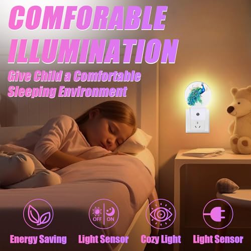 Image of Watercolor Peacock Night Light Feather Night Lights LED Lamp Round Plug into Wall Nightlight with Dusk to Dawn Sensor Home Hallway Stairway Kitchen Decor