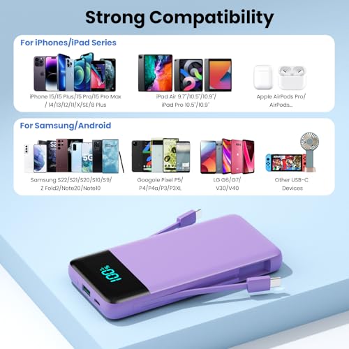 Image of Portable Charger Power Bank for iPhone with Built-in Cables and AC Wall Plug, 13800mAh Ultra Slim Travel Essentials,USB C Fast Charging External Battery Pack for iPhone 17 /16 /13,Galaxy,Android-Purple