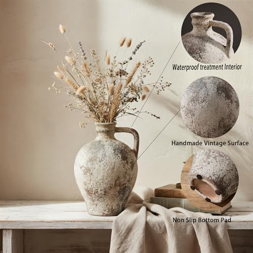 LUKA Ceramic Rustic Farmhouse Vase,8.25 inch Terracotta Vase with Handle,Neutral Clay Pot Vases Decorative Vase for Living Room,Table,Shelf Decor(Brown,M) - Image 5