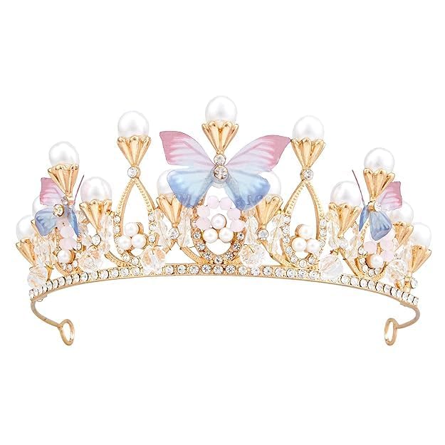 Flower Girl Birthday Crown, Princess Butterfly Tiara Gold Crystal Rhinestone Pearl Headband for Kids Women Adults Birthday Wedding Quinceanera Pageant Prom Homecoming Halloween Mermaid Costume Party-image-3