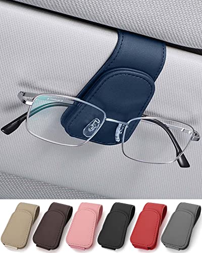 JEJA Porte Lunettes pour Pare-Soleil de Voiture, Cuir Clip de Support de Lunettes de Visière de Voiture, pour Lunettes de Soleil Carte Ticket, Bleu