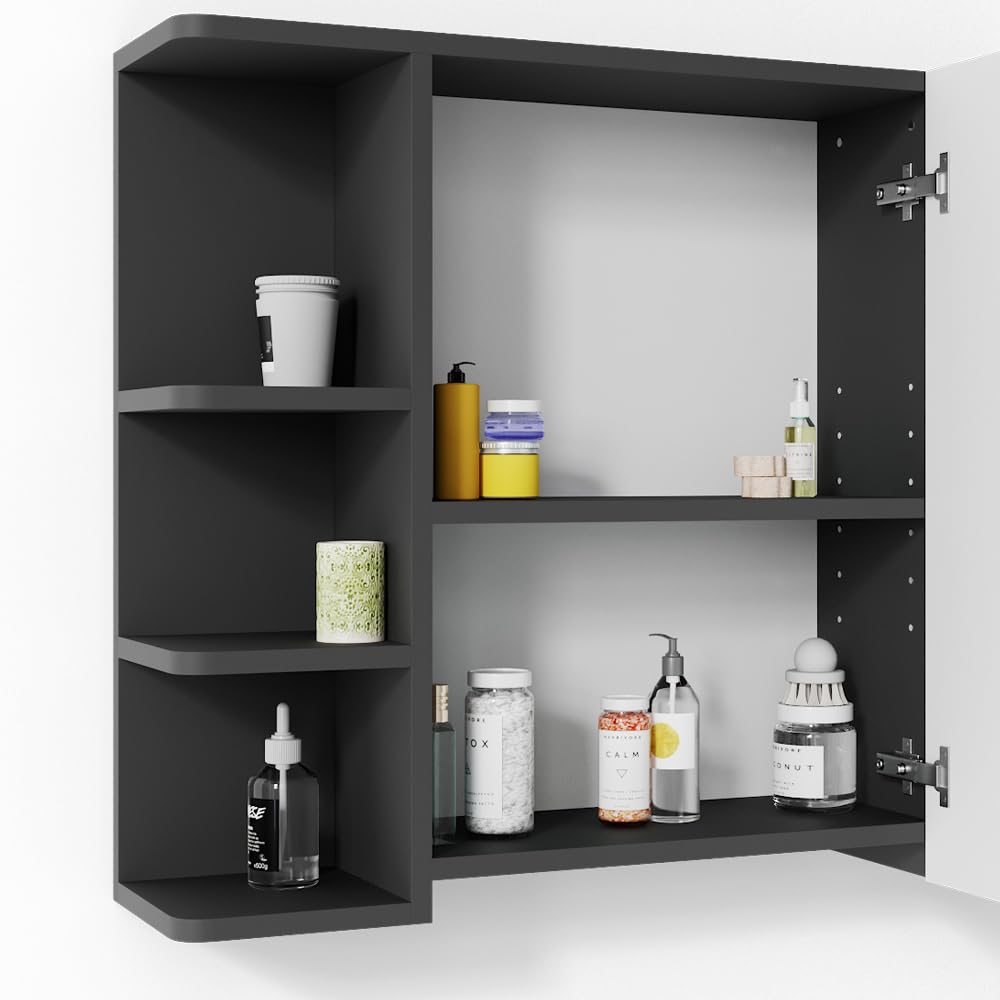 Vicco Armario con Espejo para baño Fynn, Antracita, 79.6 x 64 cm | con espejo y estantes abiertos para montaje en pared