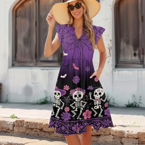 Image of Women's Casual Ruffle Sleeve Dress V Neck Pullover Dress Flowy A-Line Pleated Lightweight Dress with Pockets