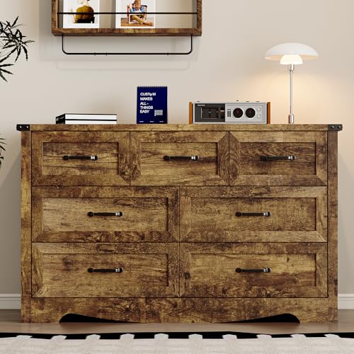 Image of BORNOON 7-Drawer Dresser for Bedroom, Modern Wooden Chest of Drawers with Metal Handles, Anti-Tipping Design, Sturdy and Stable Storage Organizer for Living Room, Entryway, Home Office