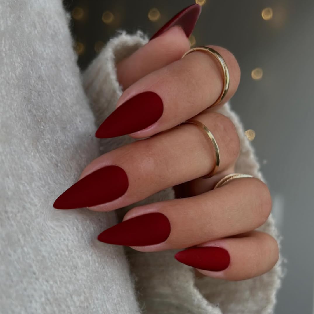 Matte Red Press on Nails Almond Shaped 48Pcs Neutral Fake Nails for Women, Medium Almond Nails Press on Reusable Acrylic Nails Glue on Medium Length