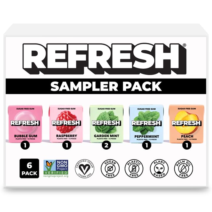 Image of Refresh Plant Based Gum, Sugar Free, Xylitol, 12 Pcs, 6 Pack (Sampler Pack)