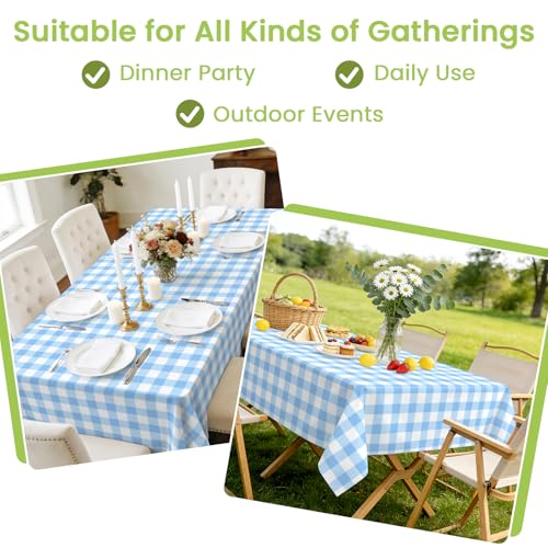 Image of Mulbozy 4 Pcs Light Blue Checkered Tablecloth 54 x108 Inches Rectangle Blue Gingham Tablecloth Disposable Plastic Waterproof Table Cover for Outdoor Picnic, Kitchen, Holiday Birthday Party