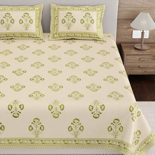 Image of Living Roots Ethnic Jaipur Block Print Double Cotton Bedsheet & 2 Pillow Covers, for Mattress Upto 6 inches Thick, No Colour Bleeding, Leaf Green Colour, King Size 90 * 108 inches, 120TC (611-A)