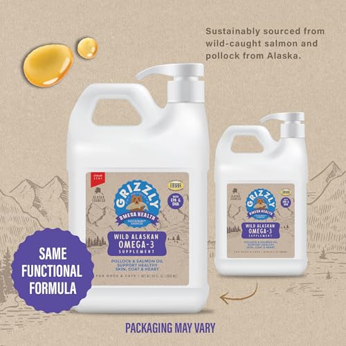Grizzly Pet Products Omega Health Suplemento líquido Omega-3 para perros y gatos, jarra de 64 onzas