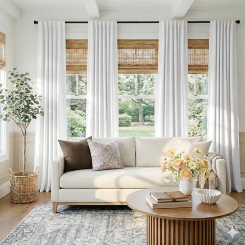 Image of 100% Blackout Shield White Linen Blackout Curtains for Bedroom 102 Inches Long, Back Tab /Rod Pocket Living Room Drapes, Thermal Insulated Blackout Curtains 2 Panels Set, 50 inch W x 102 inch L,Blanc de Blanc
