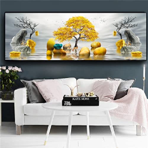 Impression sur toile paysage abstrait arbre doré et mur de pierre pour salon 60x180cm
