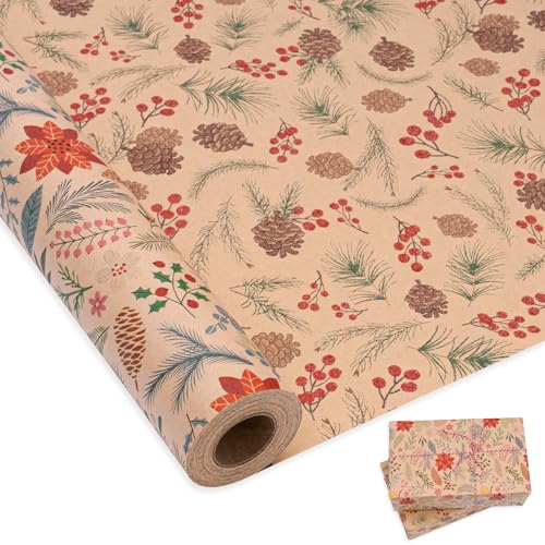 Rouleau papier cadeau kraft imprimé pommes de pin pour décorer le pied de votre sapin de Noël
